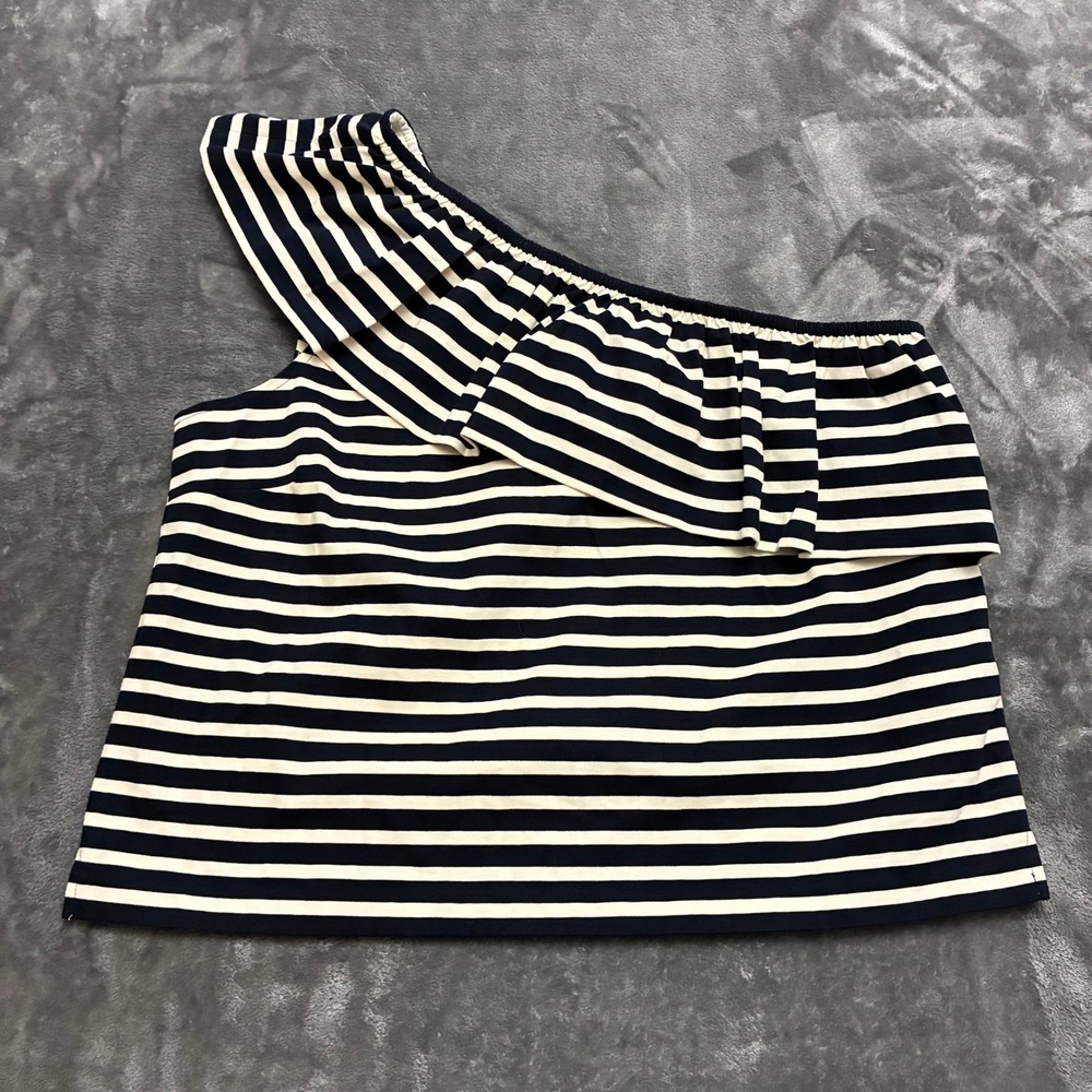 J. Crew XL Striped One Shoulder Top Navy Ivory‎ Ruffle Sleeveless Blouse